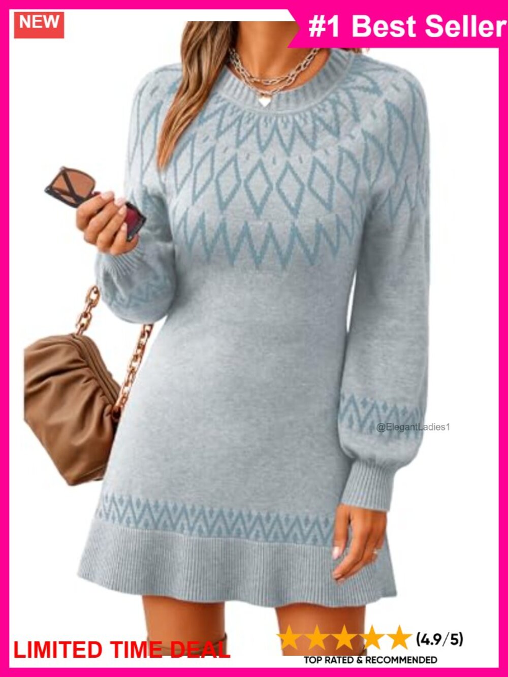 Lantern Sleeve Mini Sweater Dress Crewneck Ribbed Knit Pullover